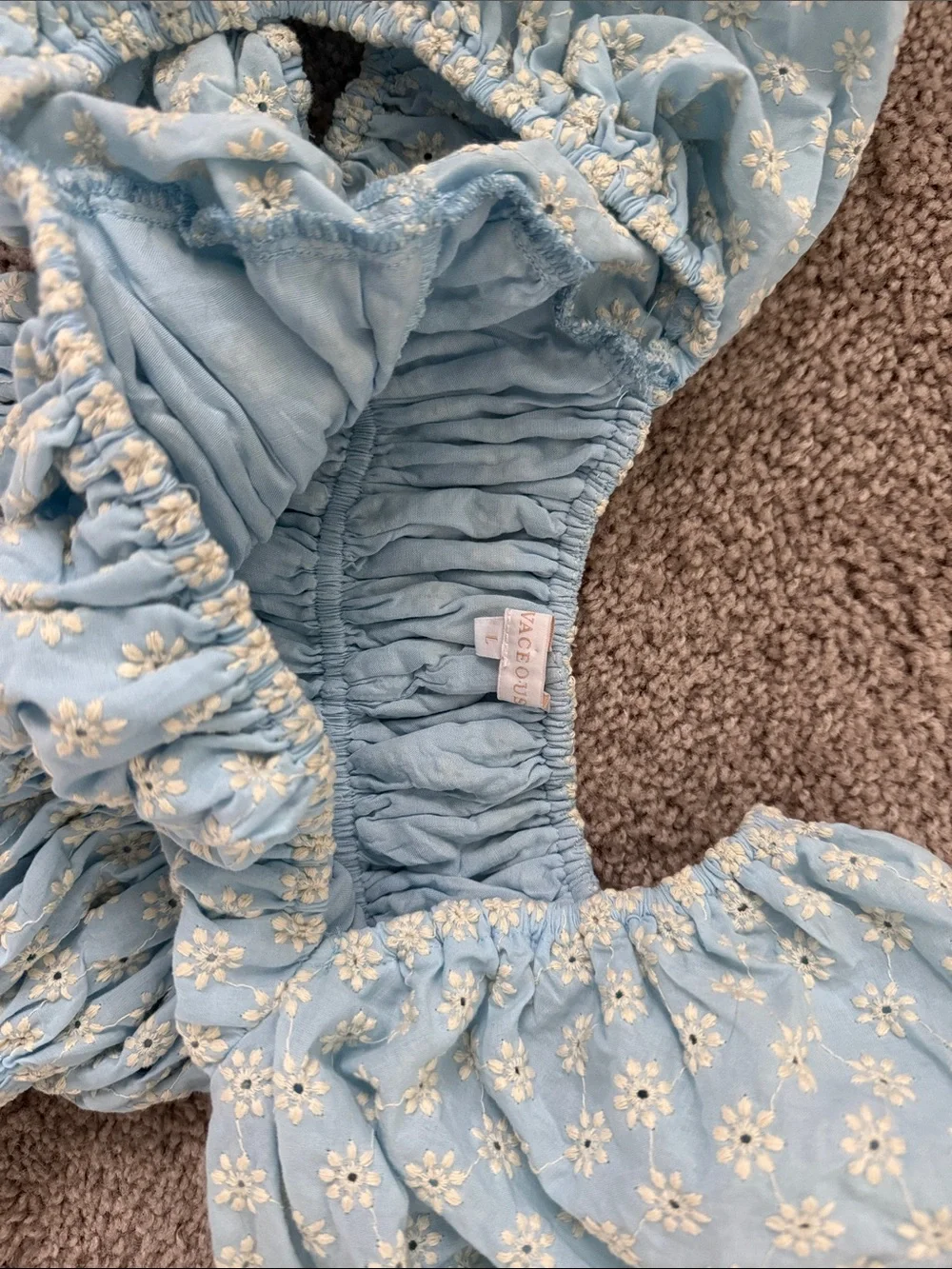 Smocked Puff-Sleeve women’s  Dress in Light Blue with Daisy Print